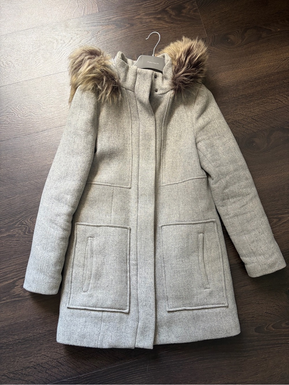 Grey coat with faux fur hood